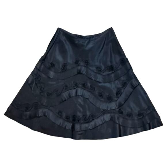 VTG Rickie Freeman Teri Jon Skirt Womens Black Silk Taffeta Rose Ruffle A Line 6 - Picture 2 of 6
